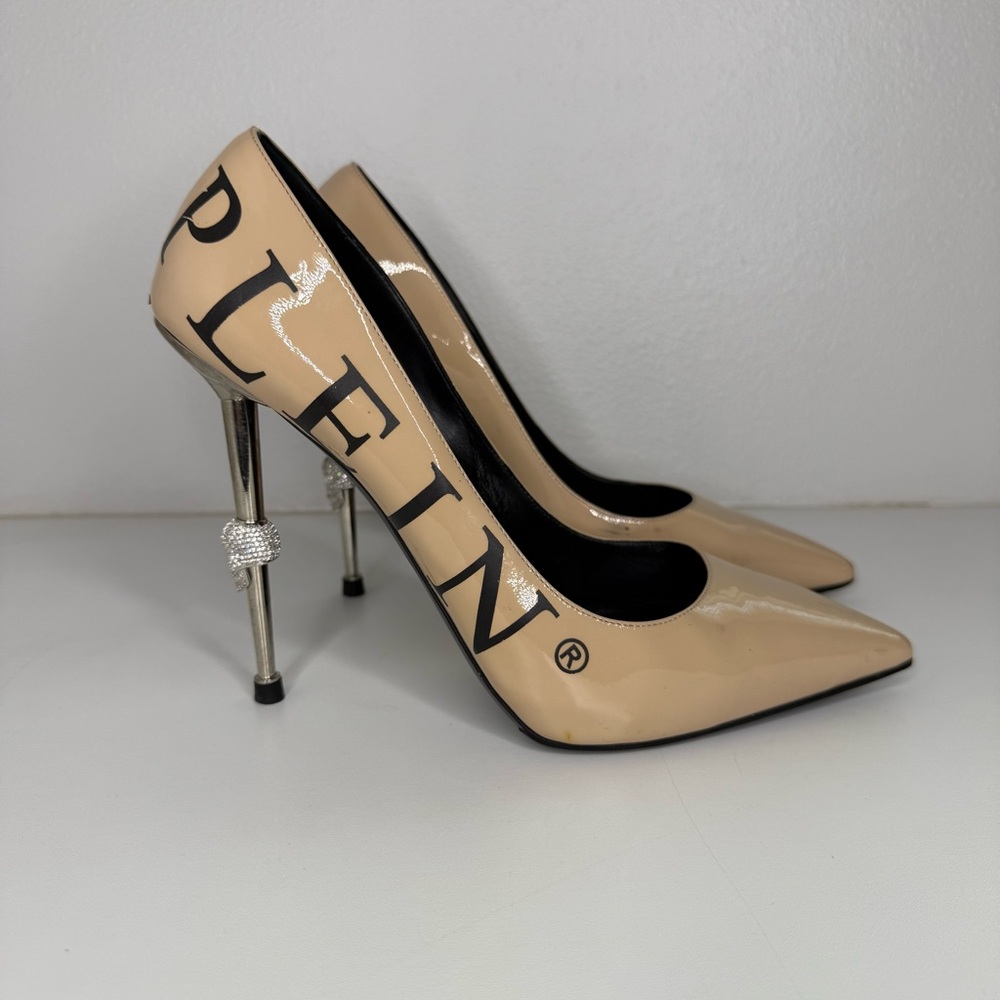 Philipp Plein Nude Patent Leather Heels with Silver Accents